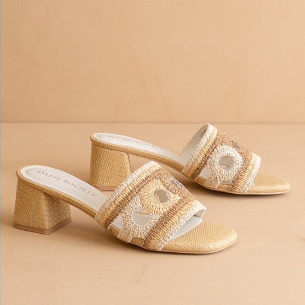 Tan Block Heel Sandals raffia with a woven embroidered strap - Picture 1 of 5